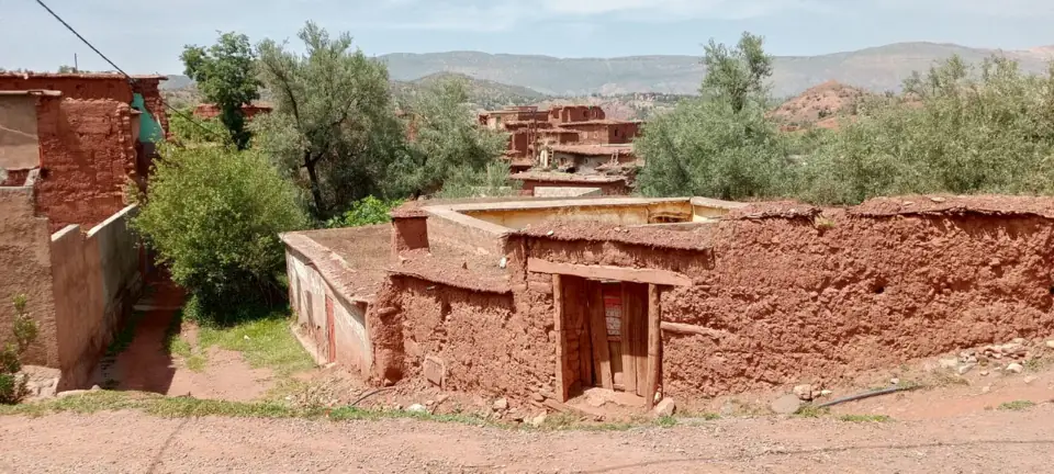 Maisons traditionnelles en terre d'un village amazigh entourées d'arbres