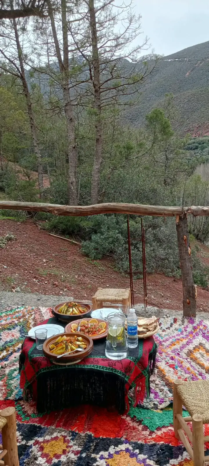 Table basse dressée sur des tapis colorés en lisière de forêt de pins